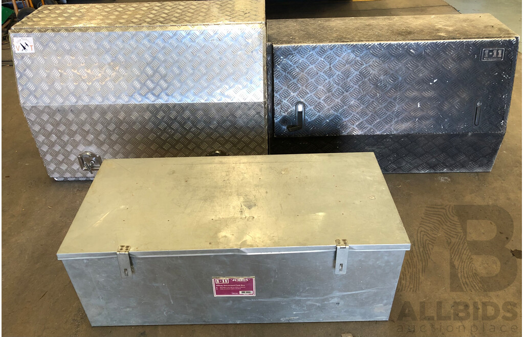 Two Aluminium Checkerplate Ute Toolboxes and Galvanised Metal Toolbox