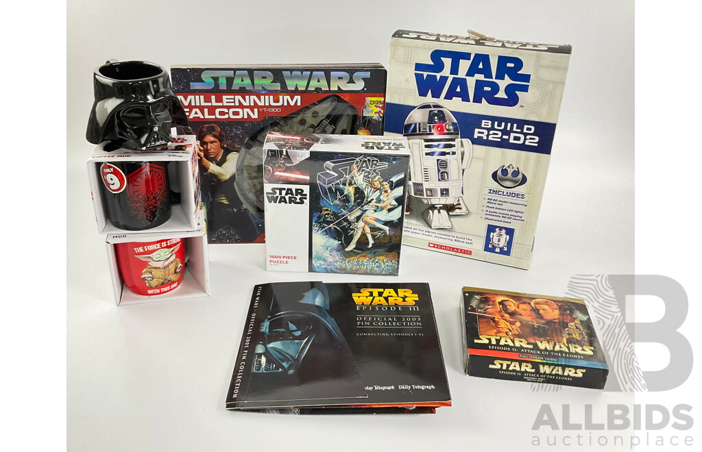 Collection of Star Wars Merchandise Including Mugs, Jigsaw Puzzle, Calendar, Millennium Falcon, 2005 Pin Collection
