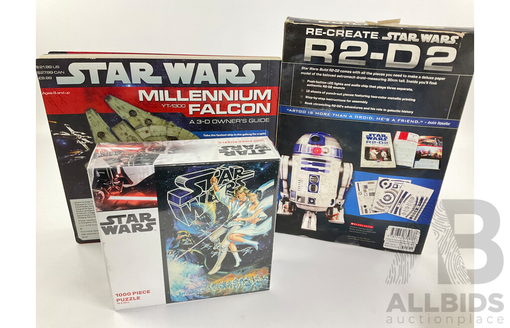 Collection of Star Wars Merchandise Including Mugs, Jigsaw Puzzle, Calendar, Millennium Falcon, 2005 Pin Collection