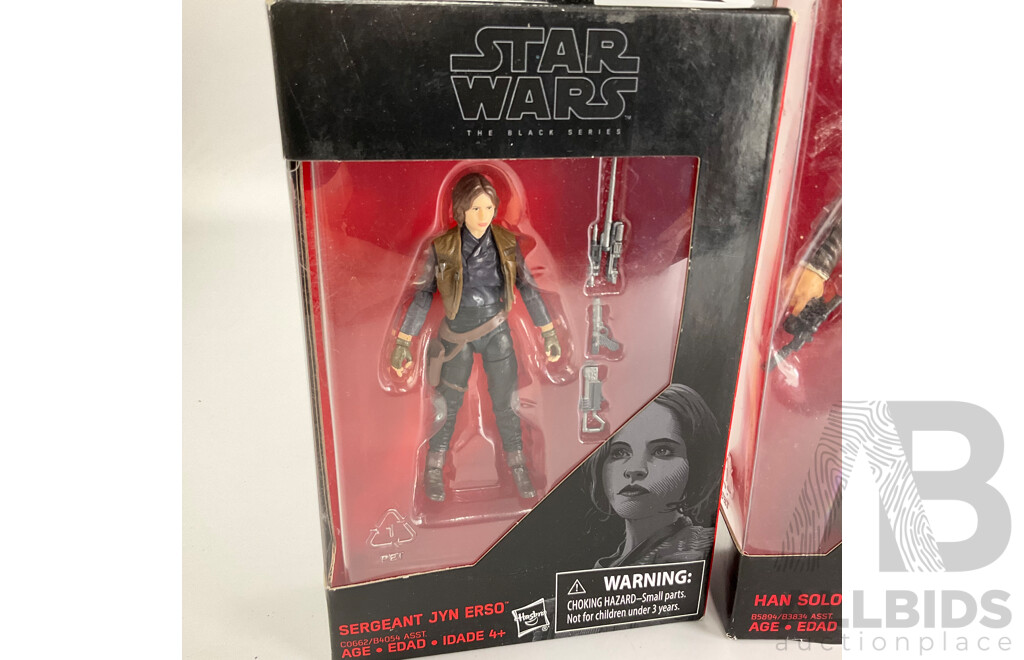 Collection of Hasbro Star Wars Black Series Figures Including Luke Skywalker, Sergeant Jyn Erso, Han Solo,tie Fighter