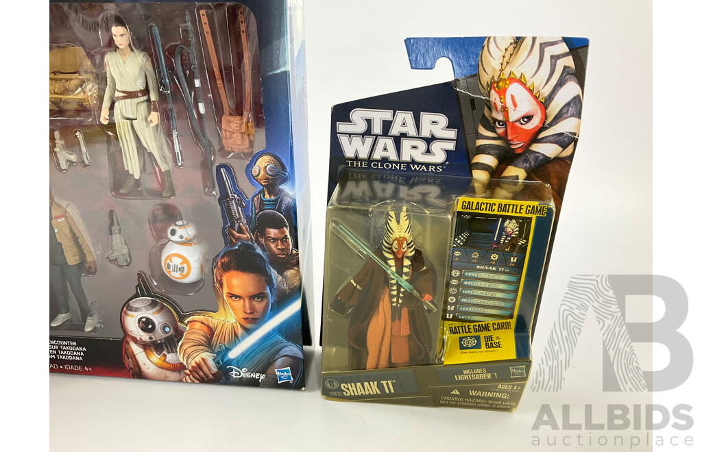 Collection of Star Wars Black Series Figures and Vehicles Including Darth Maul Vs Obi Wan Kenobi, Shaak Ti, Finn, Maz Kanata, Rey, BB-8, Homing Spider Droid, AT-ST, Starfreighter, Hailfire Droid