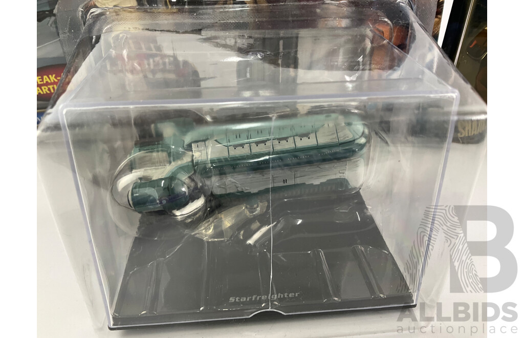 Collection of Star Wars Black Series Figures and Vehicles Including Darth Maul Vs Obi Wan Kenobi, Shaak Ti, Finn, Maz Kanata, Rey, BB-8, Homing Spider Droid, AT-ST, Starfreighter, Hailfire Droid