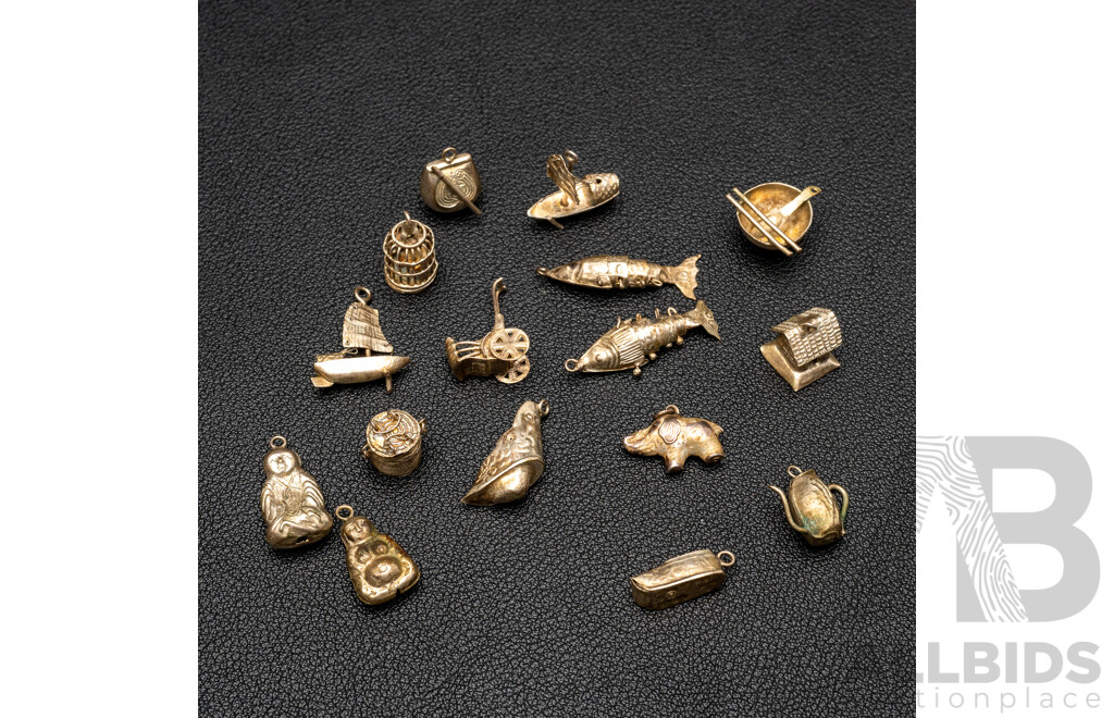 Collection of (16) Vintage Silver Travel Trinket Charms, Asian Themed, 11.68 Grams