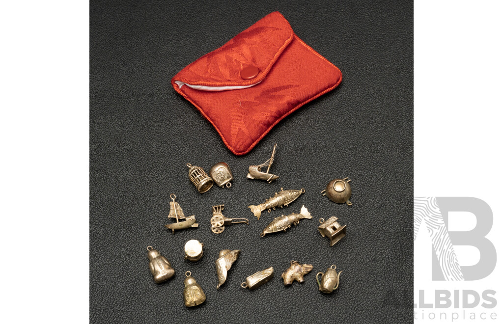 Collection of (16) Vintage Silver Travel Trinket Charms, Asian Themed, 11.68 Grams