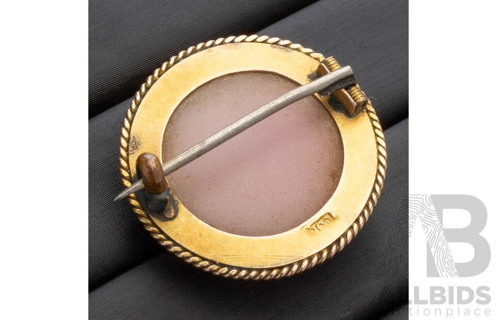 9ct Vintage Pink Cameo Brooch, 24mm, 4.37 Grams