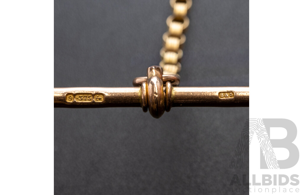 9ct Antique Fob Chain with T-Bar and Albert Swivel Clasp, 37cm, B&S Birmingham, 19.84 Grams