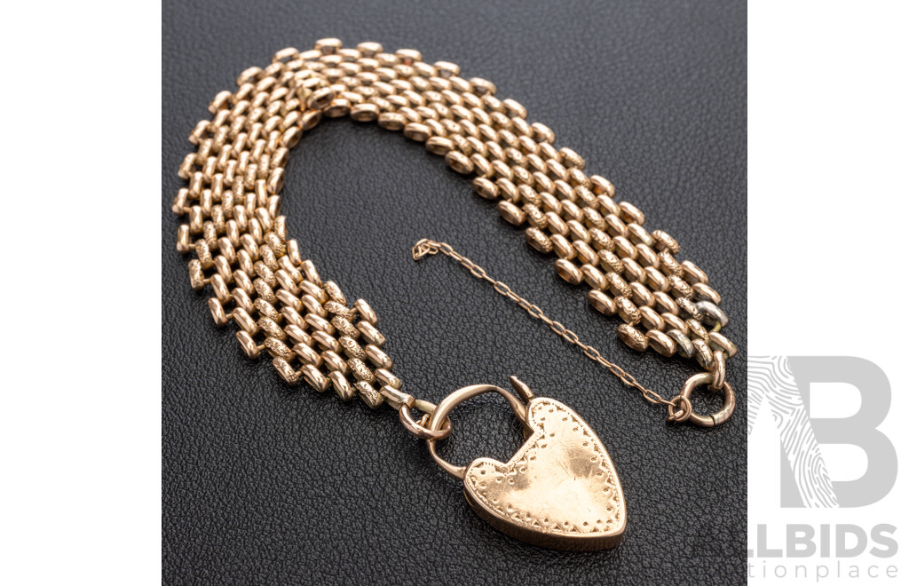 9ct Vintage Rose Gold Gatelink Bracelet, with Heart Padlock Clasp, 18cm, 21.62 Grams