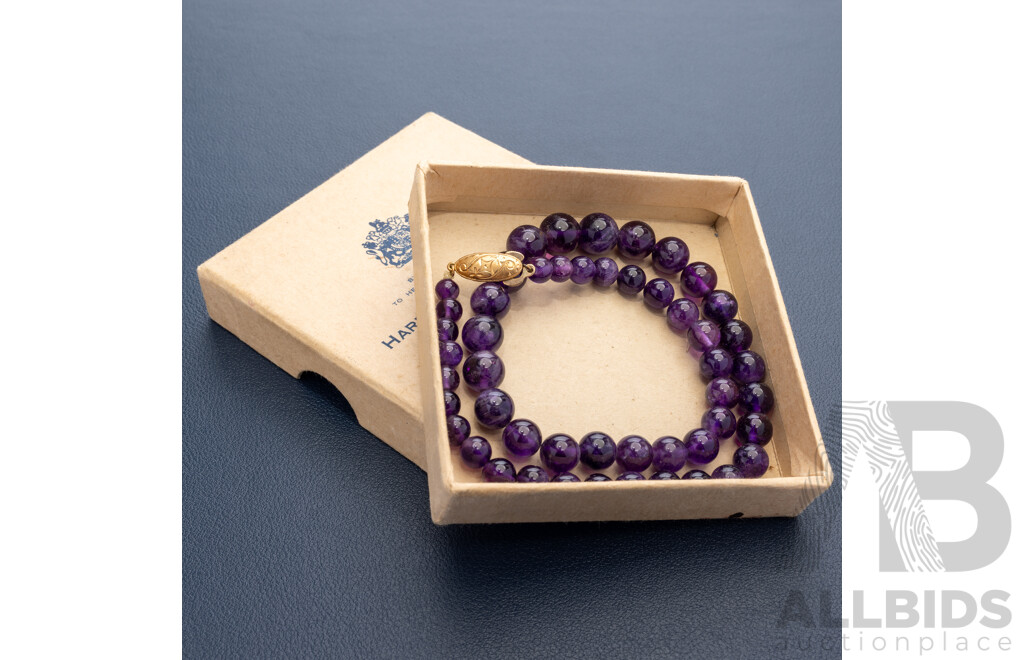 18ct Hardy Brothers Ltd Graduated Amethyst Beaded Neckkace, 40cm, Vintage, in Their Original Presentation Box