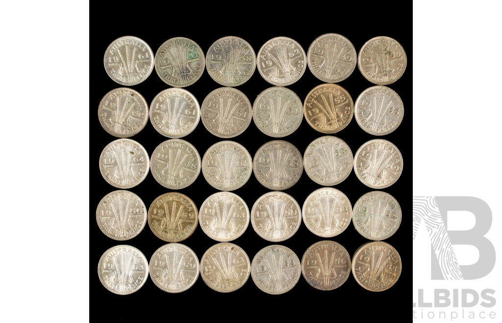 Thirty Australian KGVI/QE2 Silver Threepence, Examples Spanning 1948 to 1963  .500