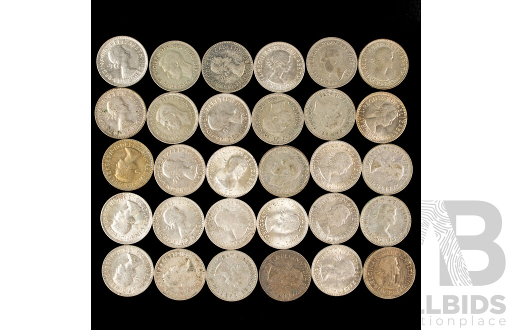 Thirty Australian KGVI/QE2 Silver Threepence, Examples Spanning 1948 to 1963  .500