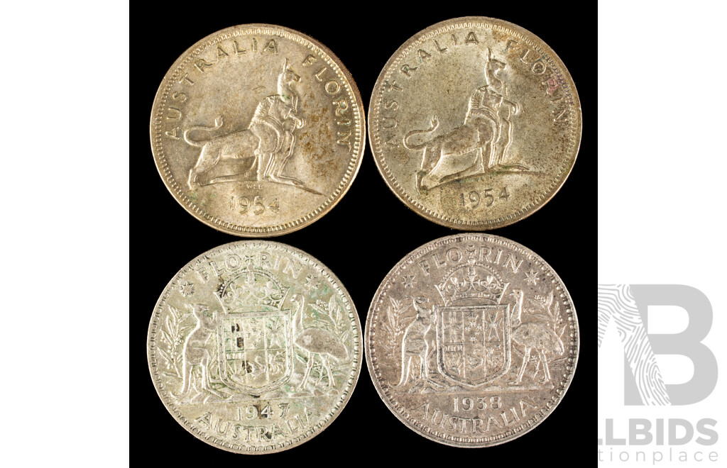 Four Australian Silver Threepence Silver Florins Including 1938, 1974, 1954 Commemorative(2)
