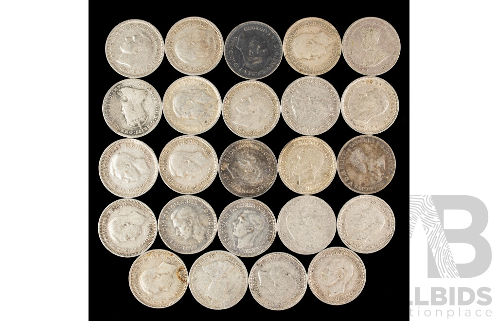 Twenty Four Australian KGV/KGVI Silver Threepence, Examples Spanning 1910 to 1944 .925