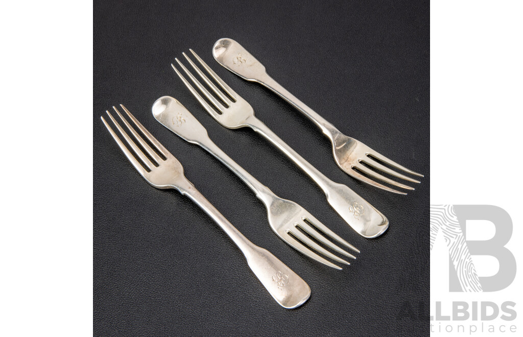 Four Antique Sterling Silver Forks, London, 1816, 1819, Weight 167 Grams