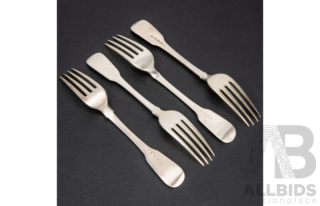 Four Antique Sterling Silver Forks, London, 1816, 1819, Weight 167 Grams