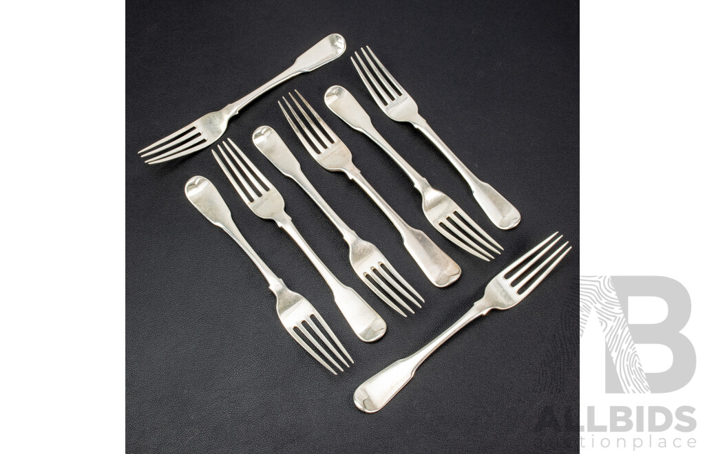 Eight Antique Sterling Silver Forks, Thomas Wilkes Barker, London, 1817, Weight 281 Grams