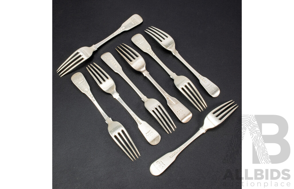 Eight Antique Sterling Silver Forks, Thomas Wilkes Barker, London, 1817, Weight 281 Grams