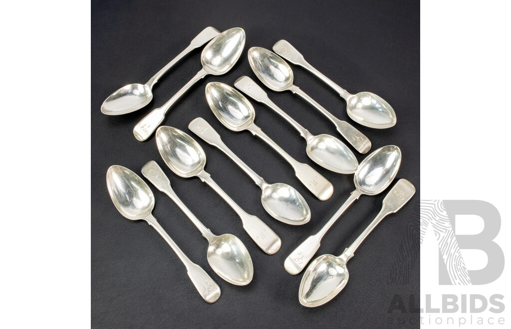 Twelve Antique Sterling Silver Table Spoons, London and Edinburgh, Weight 518 Grams