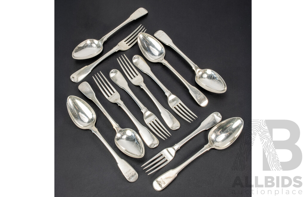 Twelve Antique Sterling Silver Forks and Tablespoons, William Eley II & William Fearn, London, 1803, Weight 959 Grams