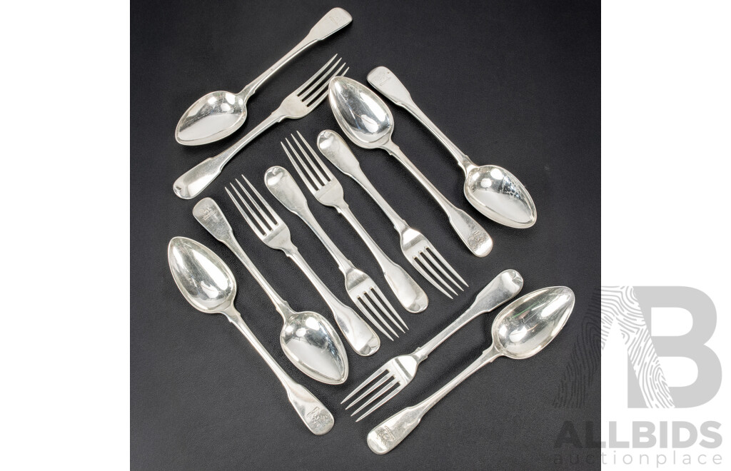 Twelve Antique Sterling Silver Forks and Tablespoons, William Eley II & William Fearn, London, 1803, Weight 942 Grams