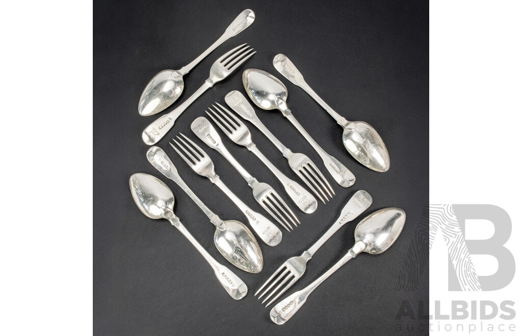 Twelve Antique Sterling Silver Forks and Tablespoons, William Eley II & William Fearn, London, 1803, Weight 942 Grams