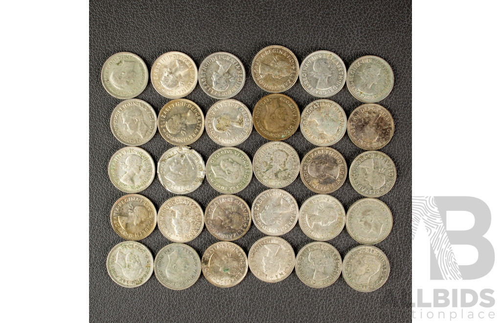 Thirty Australian Silver KGVI/QE2 Threepence, Examples Spanning 1948 to 1964  .500