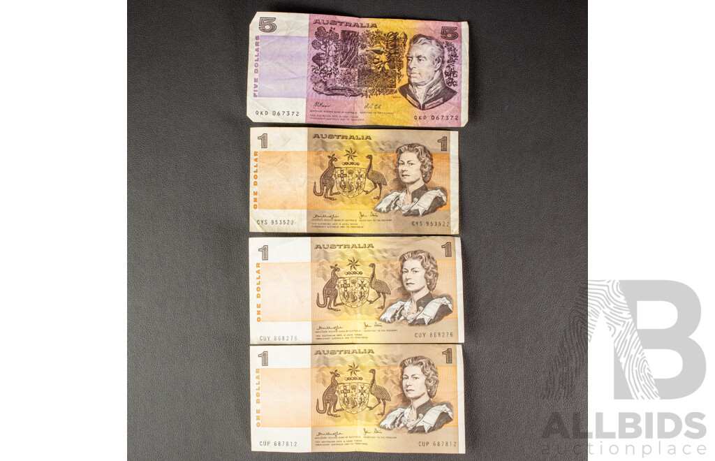 Australian 1991 Five Dollar Note, R213 Fraser/Cole, Three 1979 One Dollar Notes R78 Knight/Stone