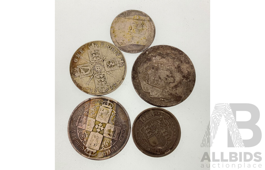 Collection of Antique United Kingdom Silver Coins Including 1834 Half Crown, 1873 Florin, 1922 Florin, 1816 Shilling, 1820 Shilling .925