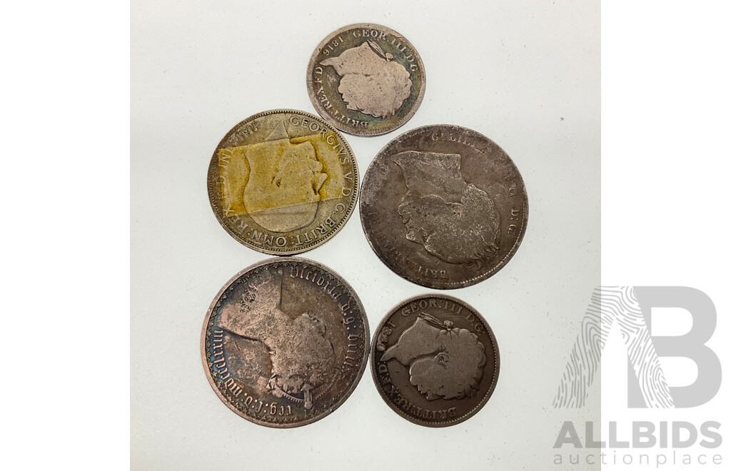 Collection of Antique United Kingdom Silver Coins Including 1834 Half Crown, 1873 Florin, 1922 Florin, 1816 Shilling, 1820 Shilling .925