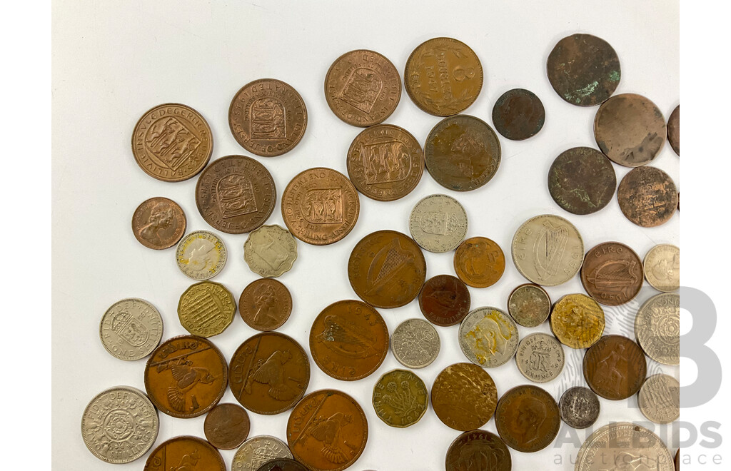 Collection of Vintage Commonwealth Coins Including UK 1977 Five Shillings, Two Shilling, Shillings, Sixpence, Threepence, Worn Pennies, Half Pennies, Ireland, Jersey, New Zealand