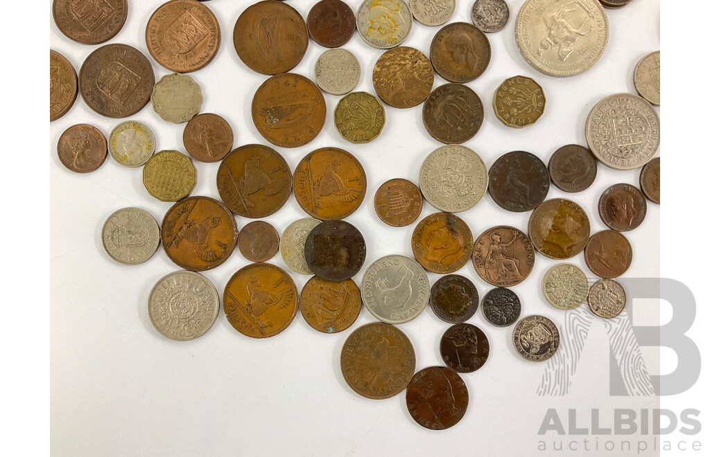 Collection of Vintage Commonwealth Coins Including UK 1977 Five Shillings, Two Shilling, Shillings, Sixpence, Threepence, Worn Pennies, Half Pennies, Ireland, Jersey, New Zealand