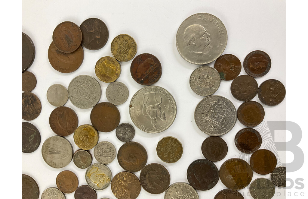 Collection of Vintage Commonwealth Coins Including UK 1977 Five Shillings, Two Shilling, Shillings, Sixpence, Threepence, Worn Pennies, Half Pennies, Ireland, Jersey, New Zealand