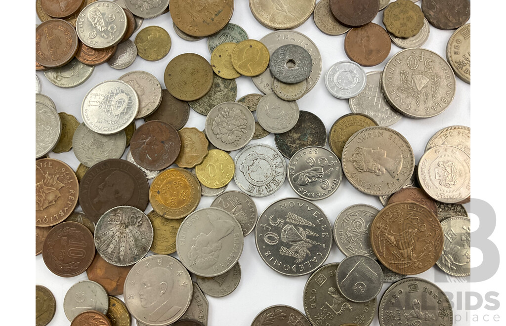 Collection of Antique and Vintage International Coins Including France, Malaysia, Hong Kong, Croatia, Borneo, New Caledonia, Germany, India, New Zealand - Approximately 860 Grams