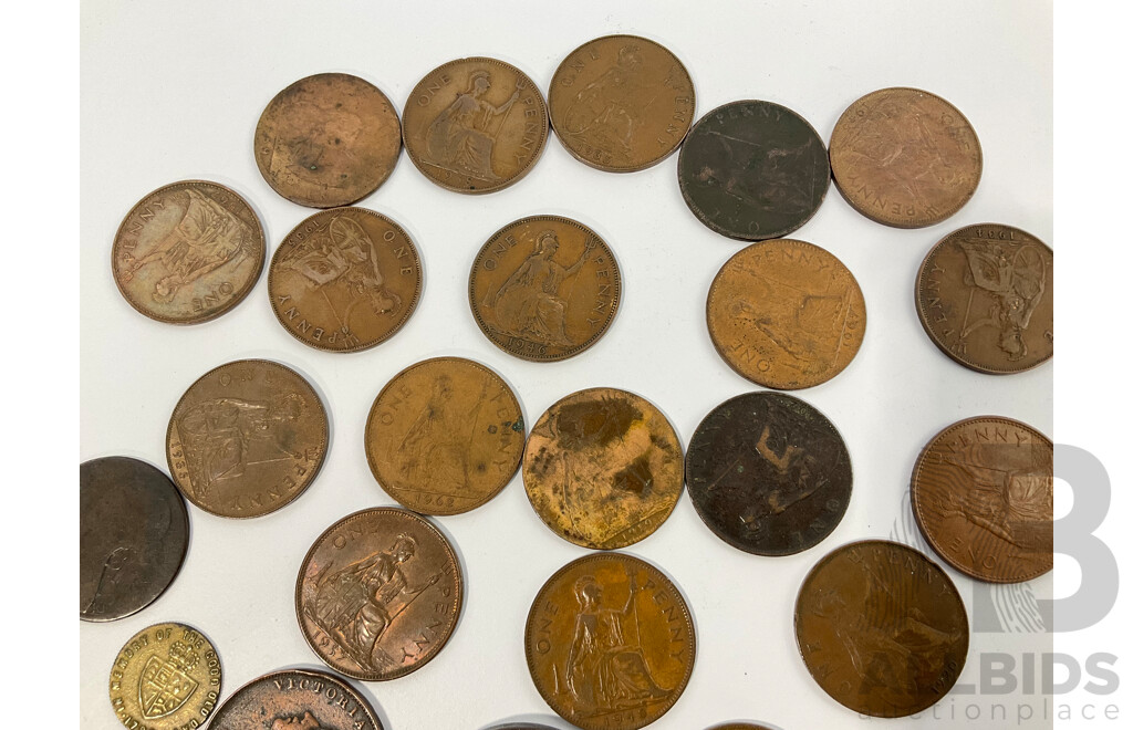 Collection of Antique and Vintage Great Britain Coins Including 1797 Double Penny, Pennies Spanning 1851 to 1967, 1788 Spade Guinea Gaming Token