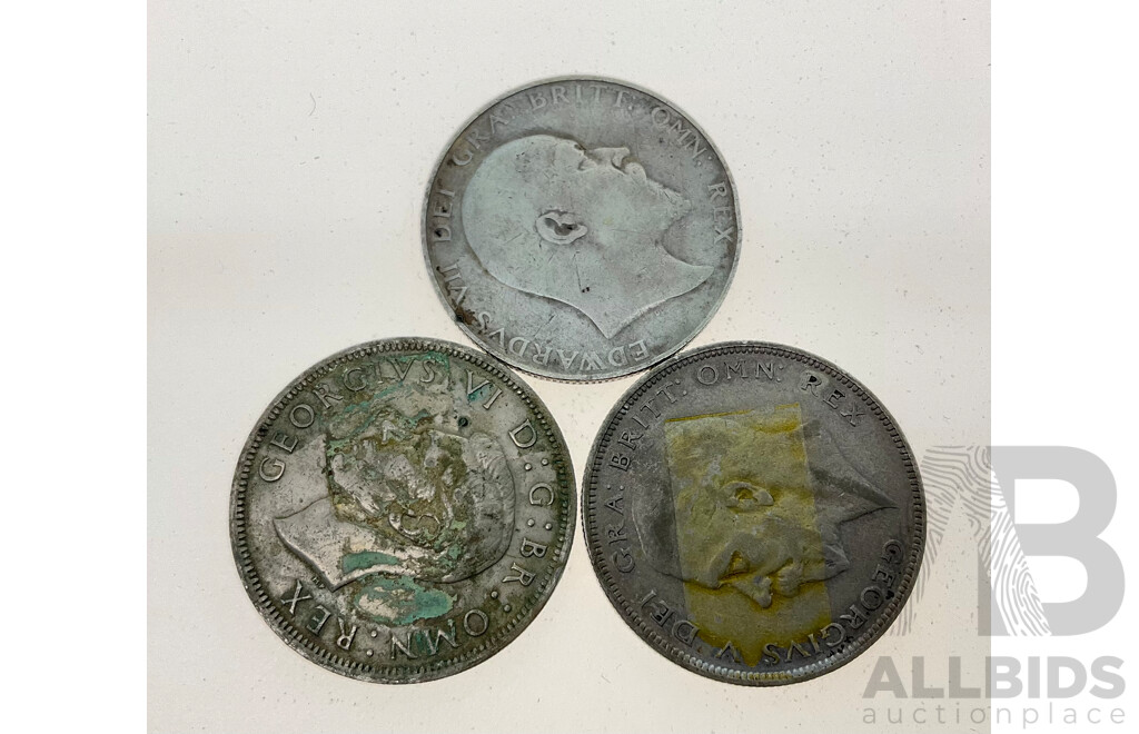 Three Great Britain Half Crown Coins Including Silver KEVII 1904, KGV 1936, KGVI 1948