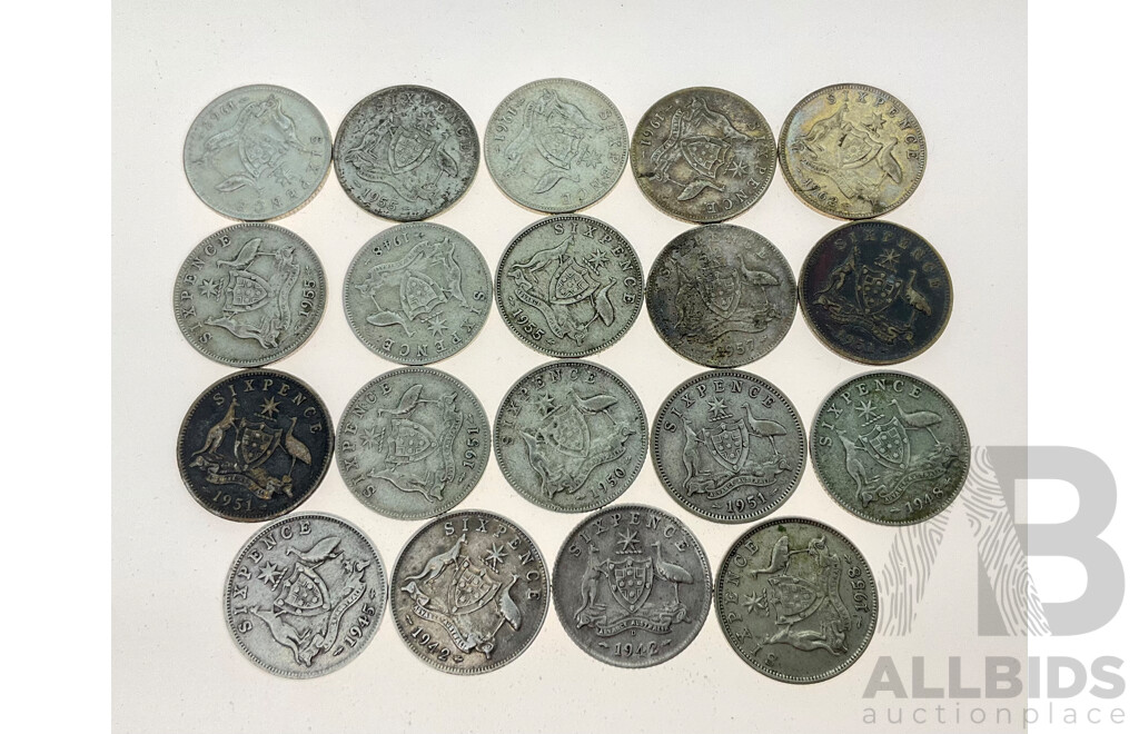 Collection of Australian Silver Sixpence, Examples Spanning 1942D to 1962