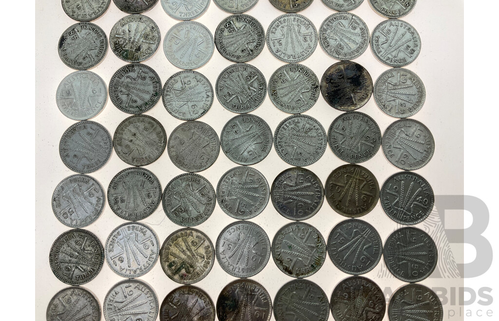 Seventy Australian Silver Threepence Coins, Examples Spanning 1938 to 1964