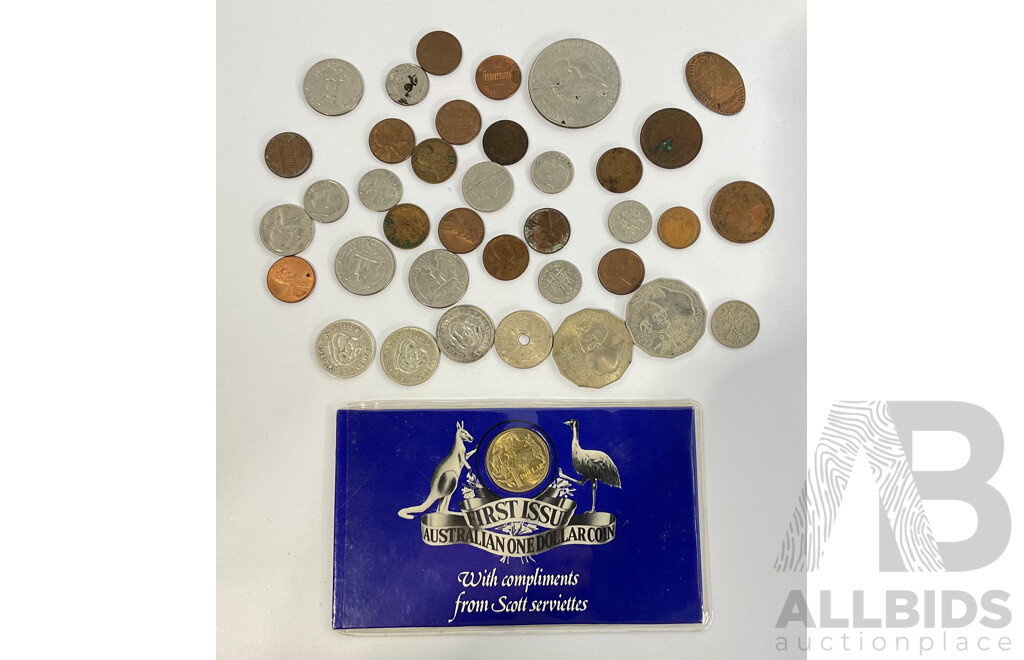 Collection of International Coins Including Australian Shillings 1938, 1942, 1955, Two 1970 Fifty Cents Captain Cook, 1984 One Dollar First Year Issue, New Guinea 1945 Silver Shilling, USA 1972 Eisenhower Dollar......