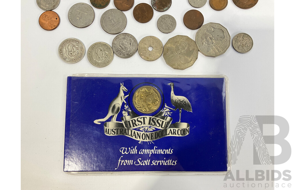 Collection of International Coins Including Australian Shillings 1938, 1942, 1955, Two 1970 Fifty Cents Captain Cook, 1984 One Dollar First Year Issue, New Guinea 1945 Silver Shilling, USA 1972 Eisenhower Dollar......
