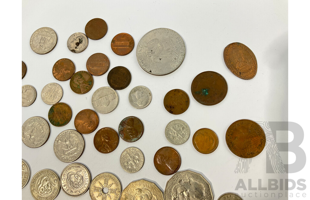 Collection of International Coins Including Australian Shillings 1938, 1942, 1955, Two 1970 Fifty Cents Captain Cook, 1984 One Dollar First Year Issue, New Guinea 1945 Silver Shilling, USA 1972 Eisenhower Dollar......