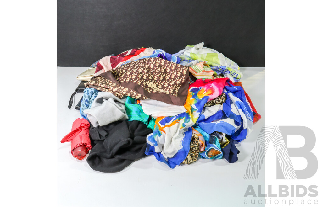 Collection of Women's Silk and Cotton Scarfs Including Christian Dior with Fossil Leather Purse and Felt Example