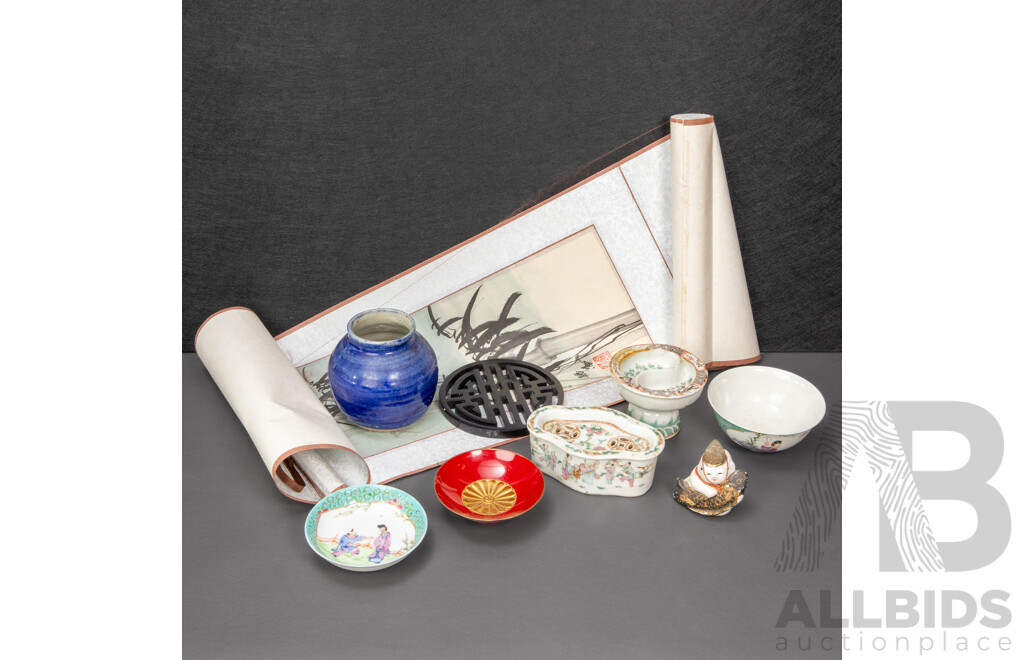 Collection of Vintage Chinese Porcelain Including Famille Bowl and Saucer, Cricket Cage, Stem Cup, Vase and Scroll