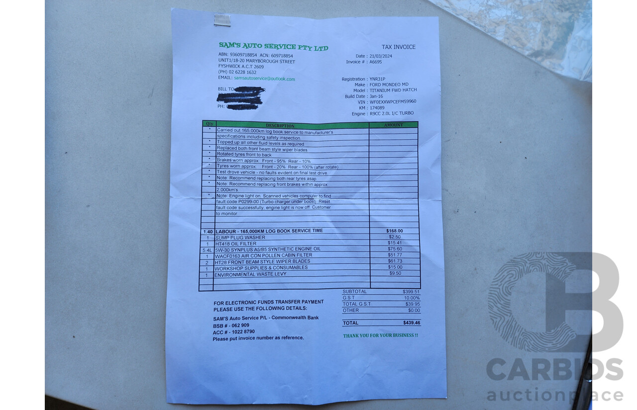 1/2016 Ford Mondeo Titanium MD 5d Hatchback White 2.0L