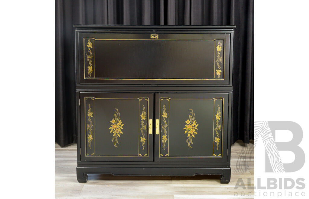 Chinese Themed Fall Front Bar Unit with Fitted Refrigerator by Van Treight Furniture