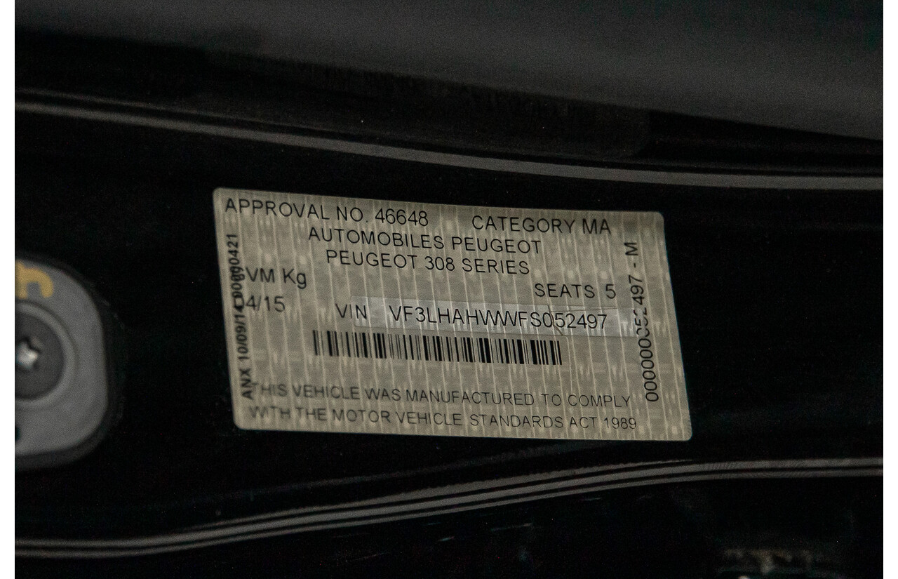 4/2015 Peugeot 308 GT HDi T9 4d Hatchback Perla Nera Black Metallic Turbo Diesel 2.0L