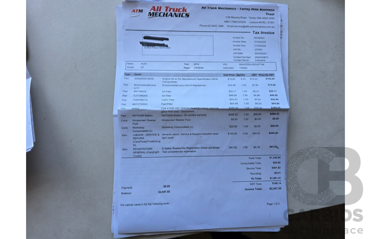 04/2014 Audi Q7 3.0 TDI S-Line Quattro (AWD) MY14 4D Wagon Black Turbo Diesel 3.0L (180kW) - 7 Seats