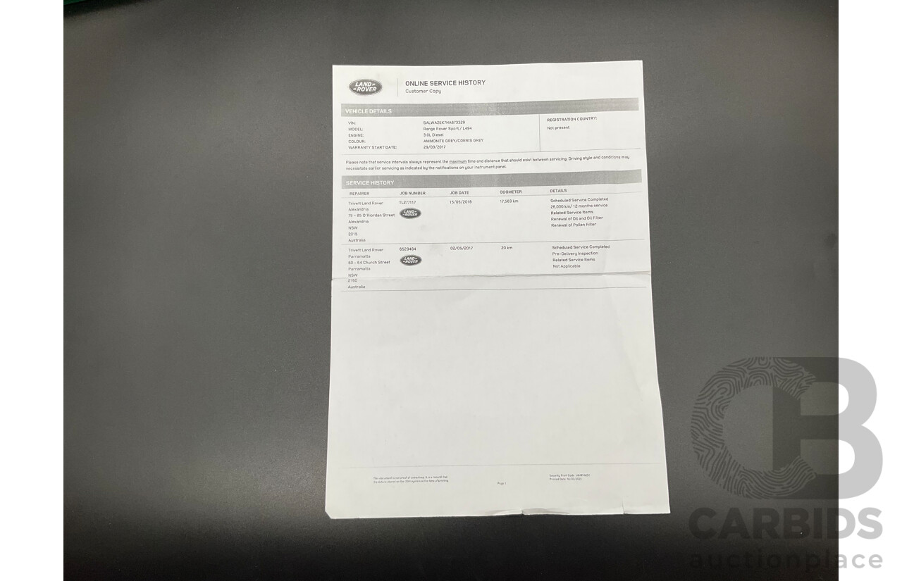 03/2017 Land Rover Range Rover Sport 3.0 TDV6 SE (AWD) LW MY17 4d Wagon Corris Grey Metallic Turbo Diesel 3.0L