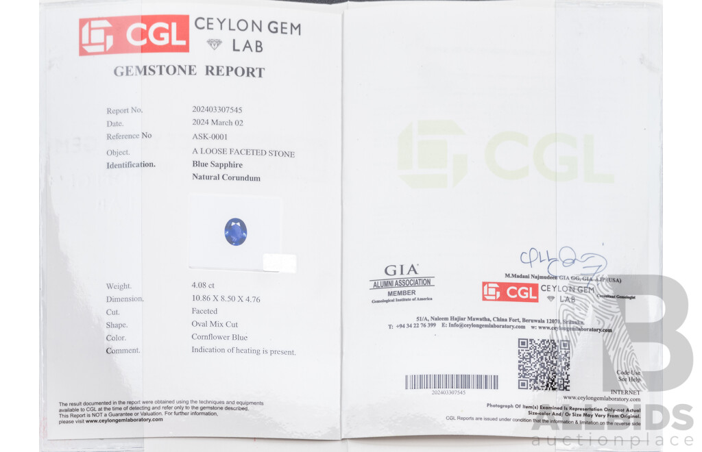 Ceylon Sapphire, Natural Corundum Oval Cut Cornflour Blue Gemstone 4.08ct, Certified