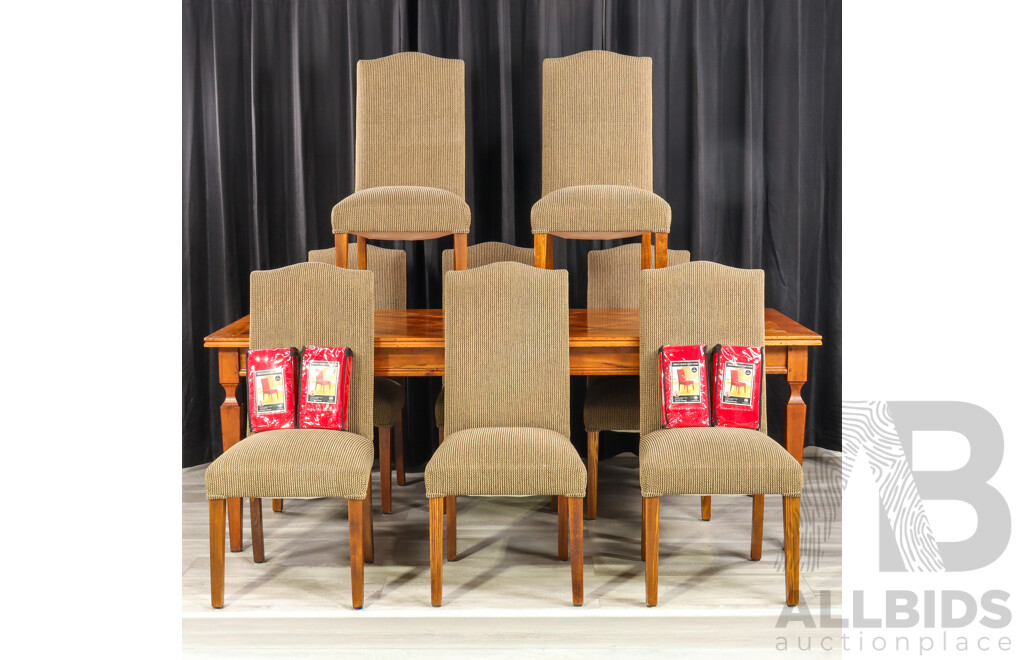 Elm Marquetry Top Dining Table with  Eight Upholstered High Back Chairs