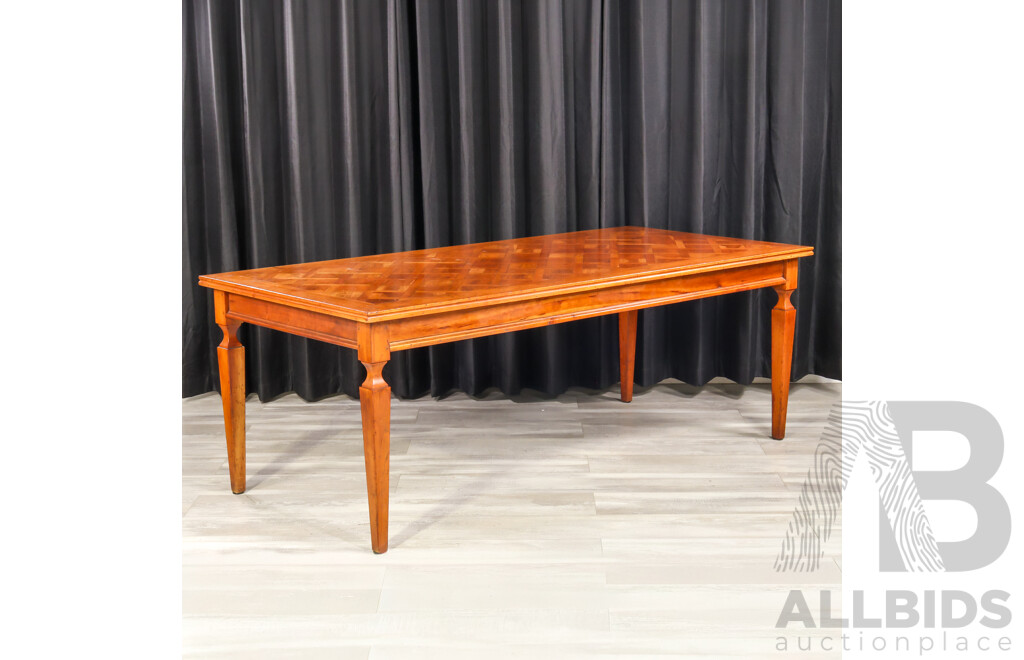 Elm Marquetry Top Dining Table with  Eight Upholstered High Back Chairs