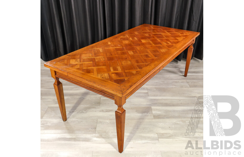 Elm Marquetry Top Dining Table with  Eight Upholstered High Back Chairs